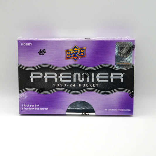 Upper Deck Premier 2023-24 Hockey trading card pack on a white background