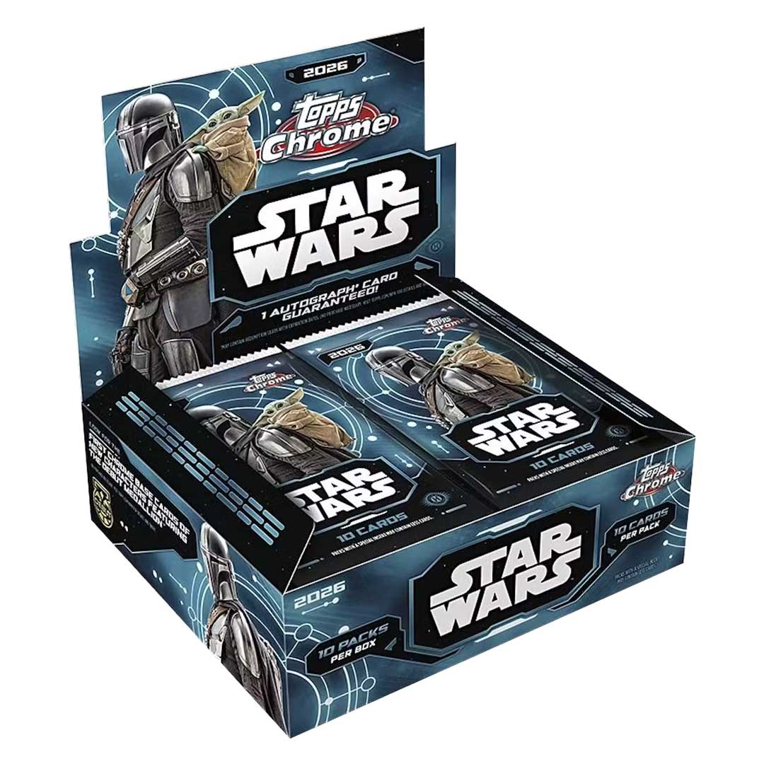 2026 Topps Chrome Star Wars Hobby Box display with The Mandalorian and Grogu artwork