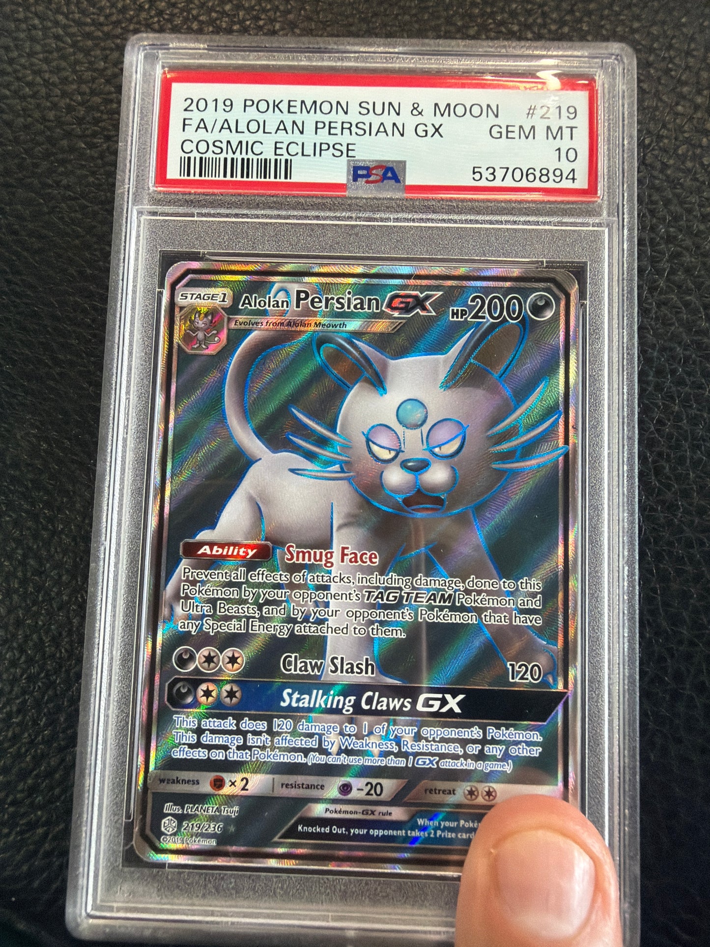 2019 POKEMON SUN & MOOM FA/ALOLAN PERSIAN GX COSMIC ECLIPSE #219 PSA GEM MINT 10