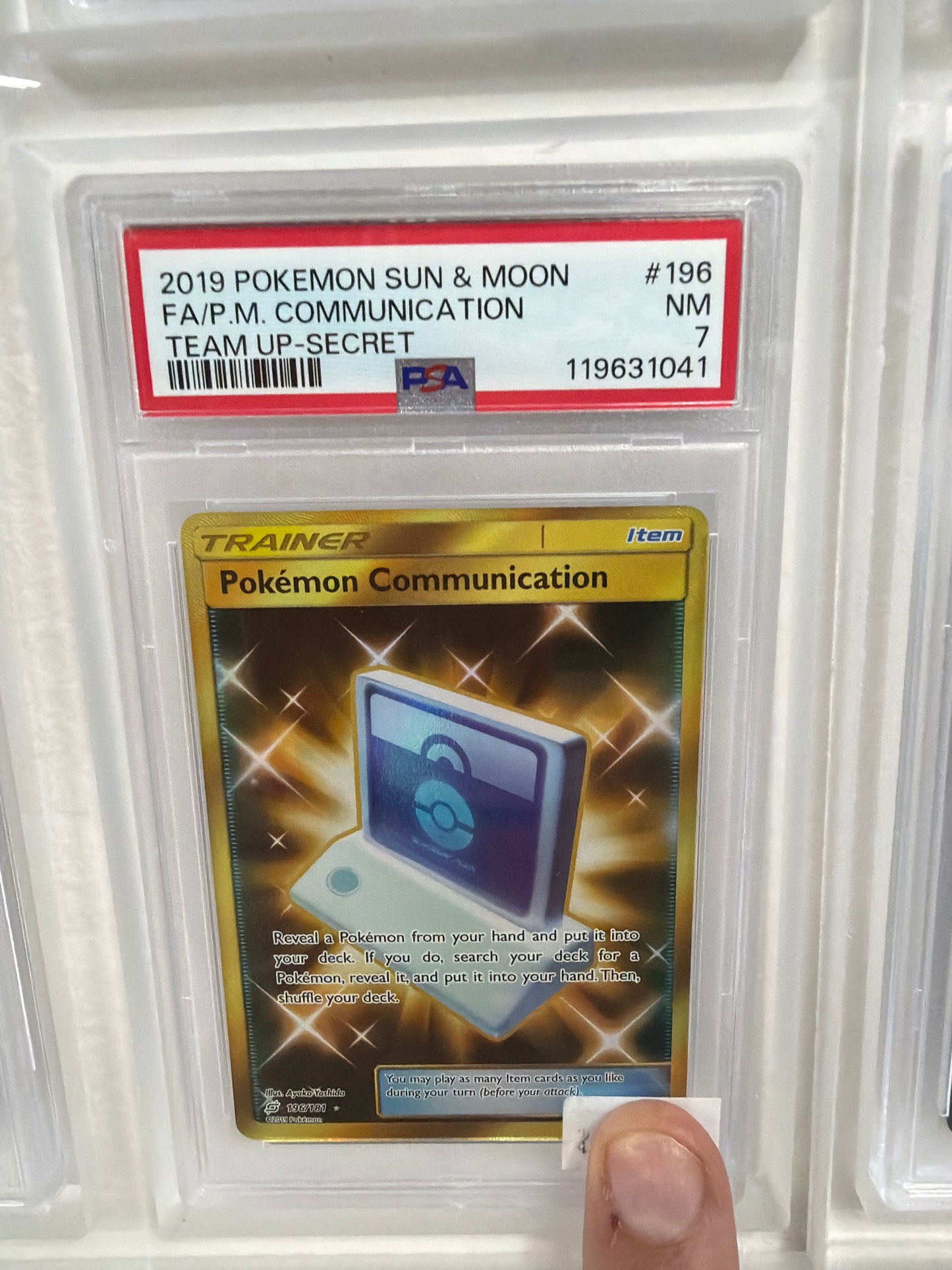 2019 POKEMON SUN & MOON FA/P.M COMMUNICATION TEAM UP SECRET #196 PSA MINT 7