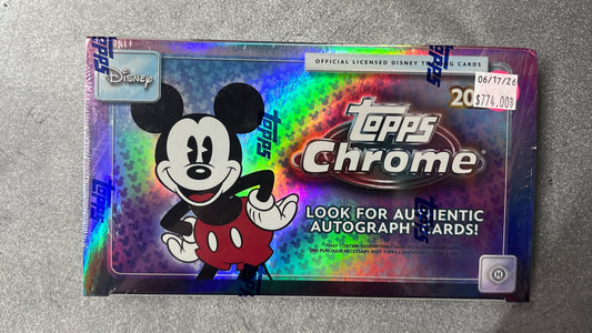 Sealed 2026 Topps Chrome Disney Hobby Box featuring Mickey Mouse, photographed on a gray surface