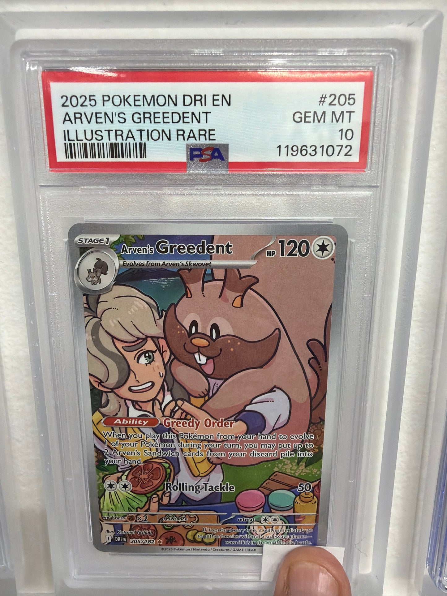 2025 POKEMON SEI EN ARVENS GREEDENT ILLUSTRATION RARE #205 PSA GEM MINT 10