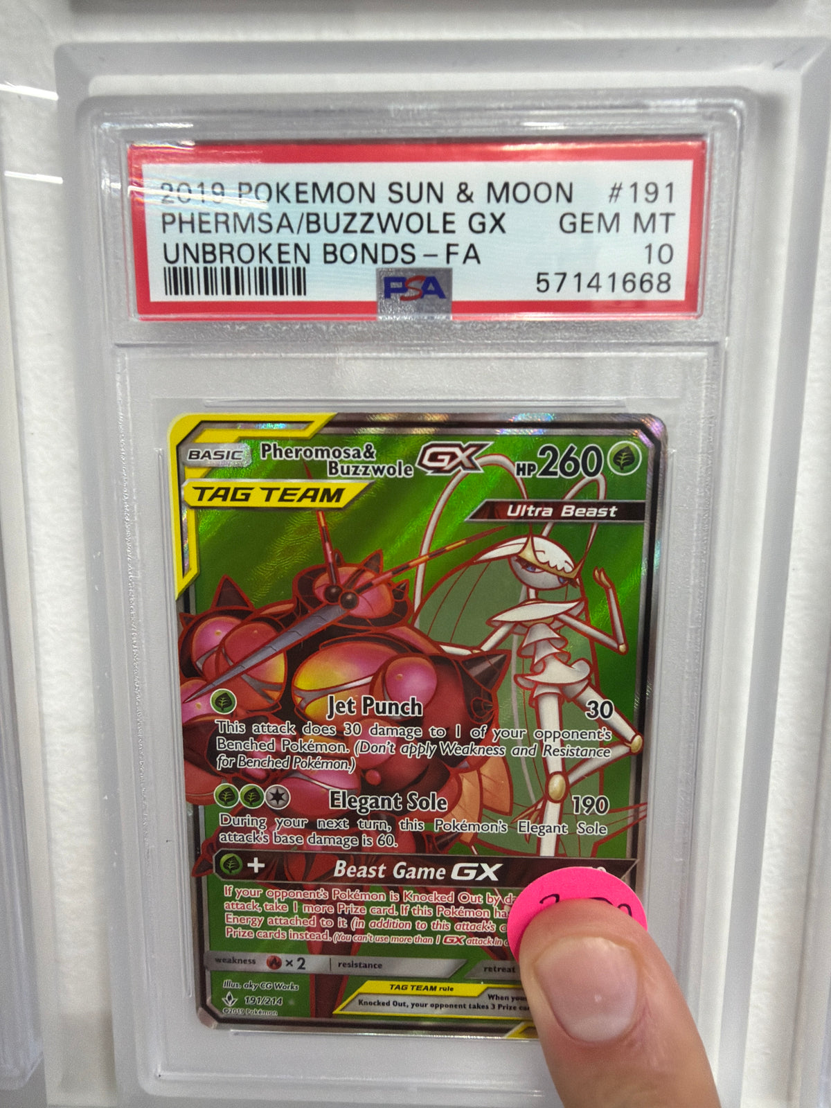 2019 POKEMON SUN AND MOON PHERMSA/BUZZWHOLE GX UNBROKEN BONDS-FA #191 PSA GEM MINT 10