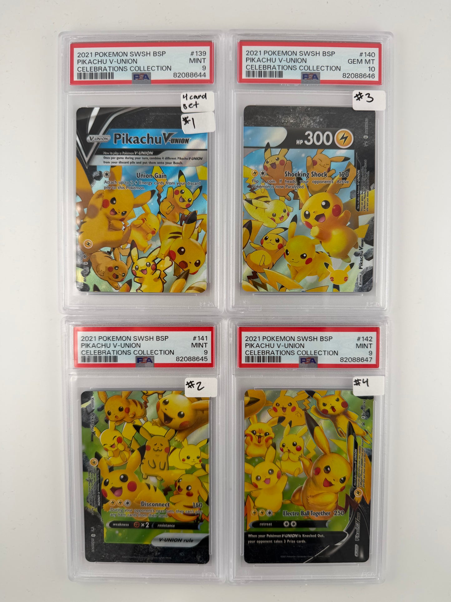 SET OF 2021 Pokemon SWSH BSP Pikachu V-Union Celebrations Collections #139 (PSA 9) #140 (PSA 10) #141 (PSA 9) #142 (PSA 9)