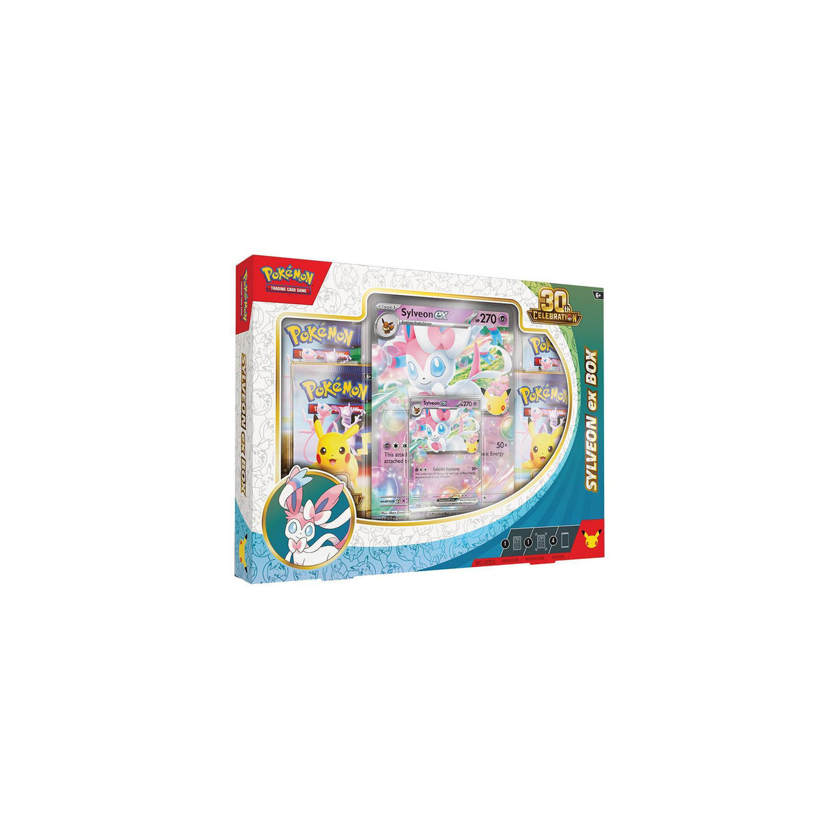 Pokémon TCG 30th Celebration Sylveon ex Box with four booster packs and standard and oversized Sylveon ex foil cards