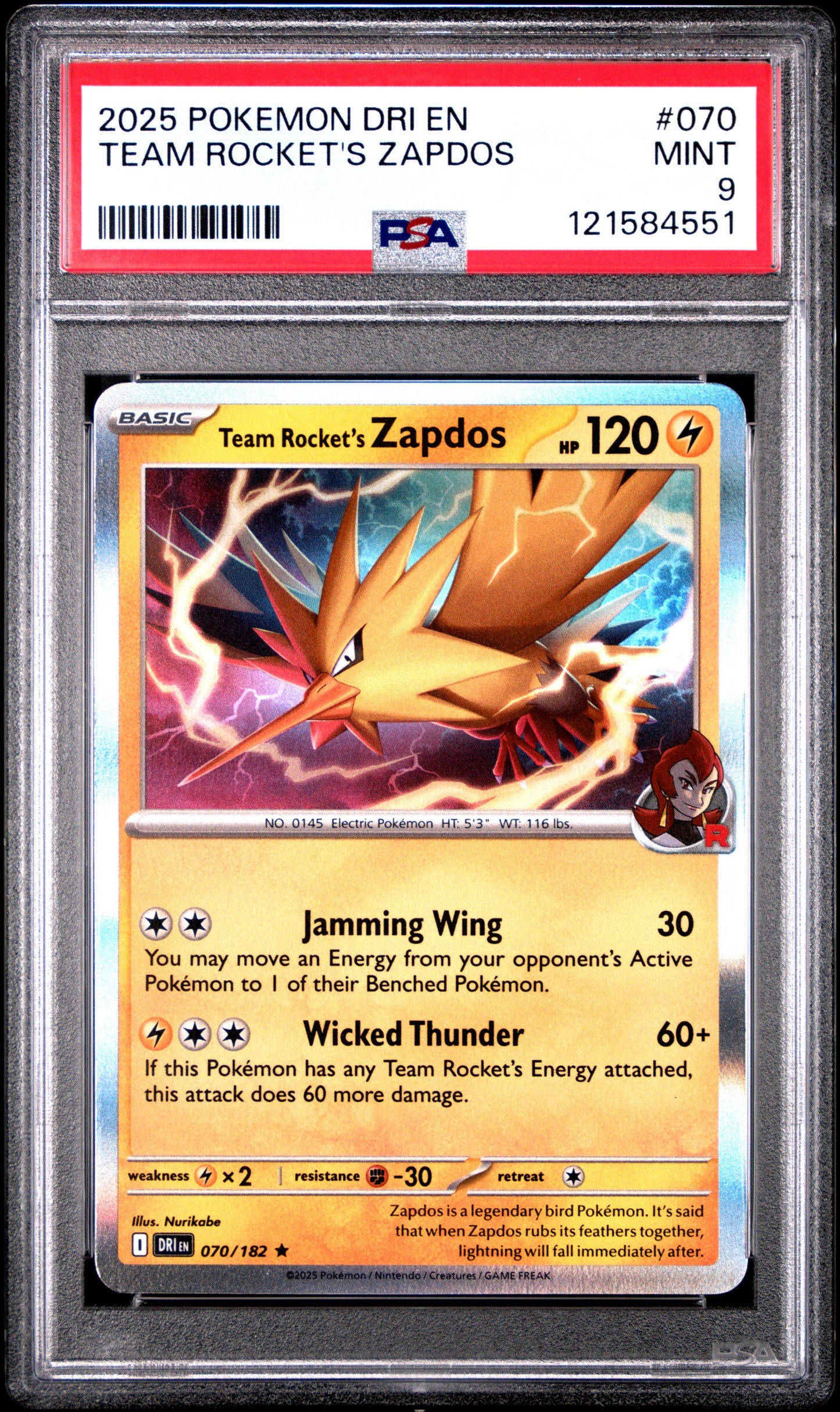 2025 POKEMON DRI EN-DESTINED RIVALS #070 TEAM ROCKET'S ZAPDOS PSA MINT 9