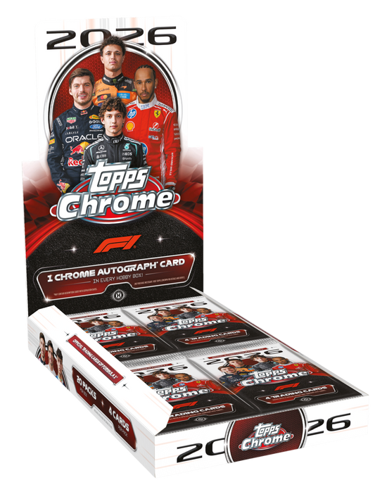 2026 Topps Chrome Formula 1 open hobby box with driver artwork; one box shown from the 12-box case