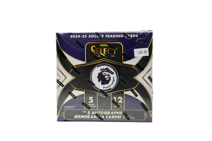 Packaged 2024-25 soccer trading cards with Select branding on a white background