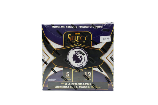 Packaged 2024-25 soccer trading cards with Select branding on a white background