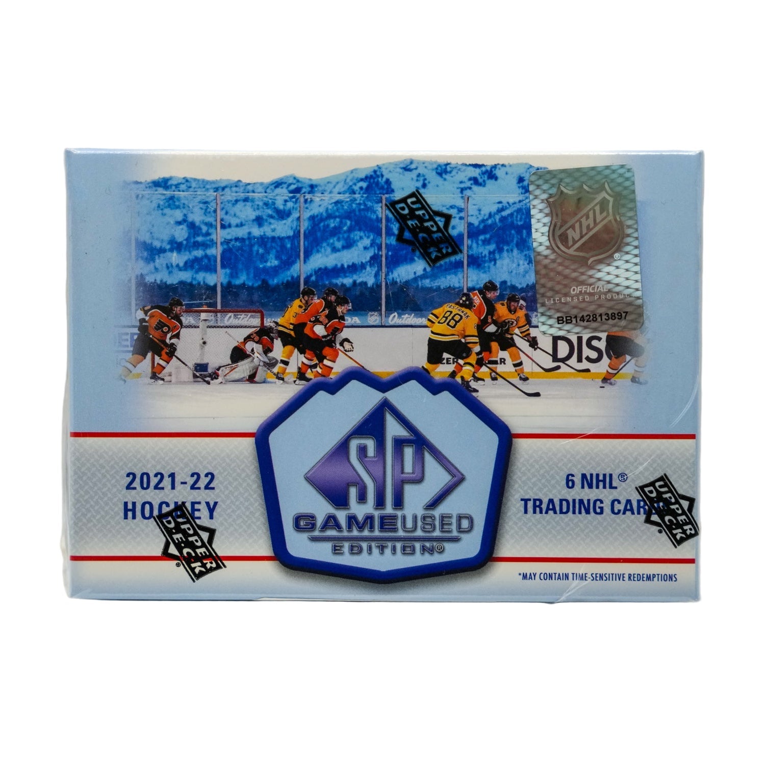 Hockey trading card pack with game-used edition branding on a white background