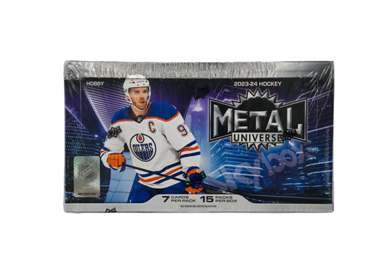 Hockey trading card pack with player image and branding on a gray background