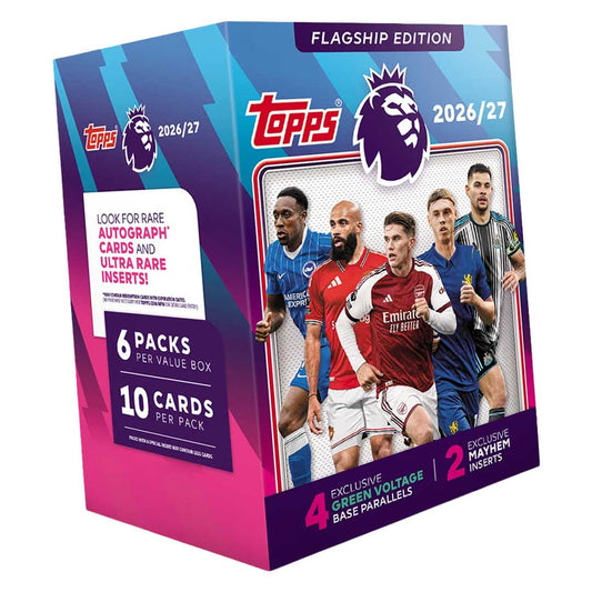 2026-27 Topps Premier League Flagship Value Box, labeled six packs of ten cards with Green Voltage parallels and Mayhem inserts