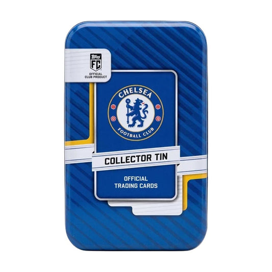 Blue Topps Chelsea FC Collector Tin with club crest, diagonal stripes and white and gold trim