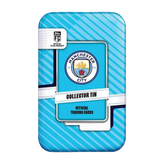 Light blue Topps Manchester City FC Collector Tin with club crest and diagonal stripe design