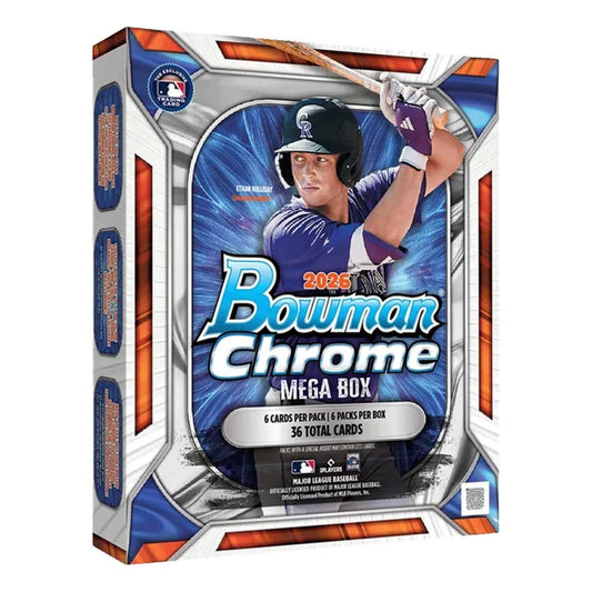 2026 Bowman Chrome Baseball Mega Box featuring Ethan Holliday, labeled six packs of six cards and 36 total cards