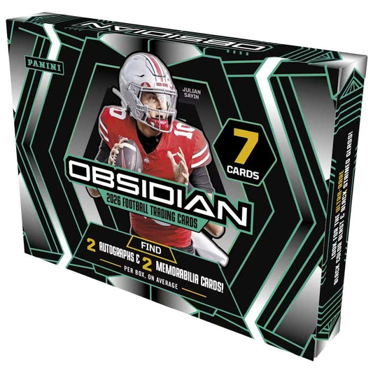 2026 Panini Obsidian Football sealed Hobby Box front and side, featuring Julian Sayin and 7-card configuration
