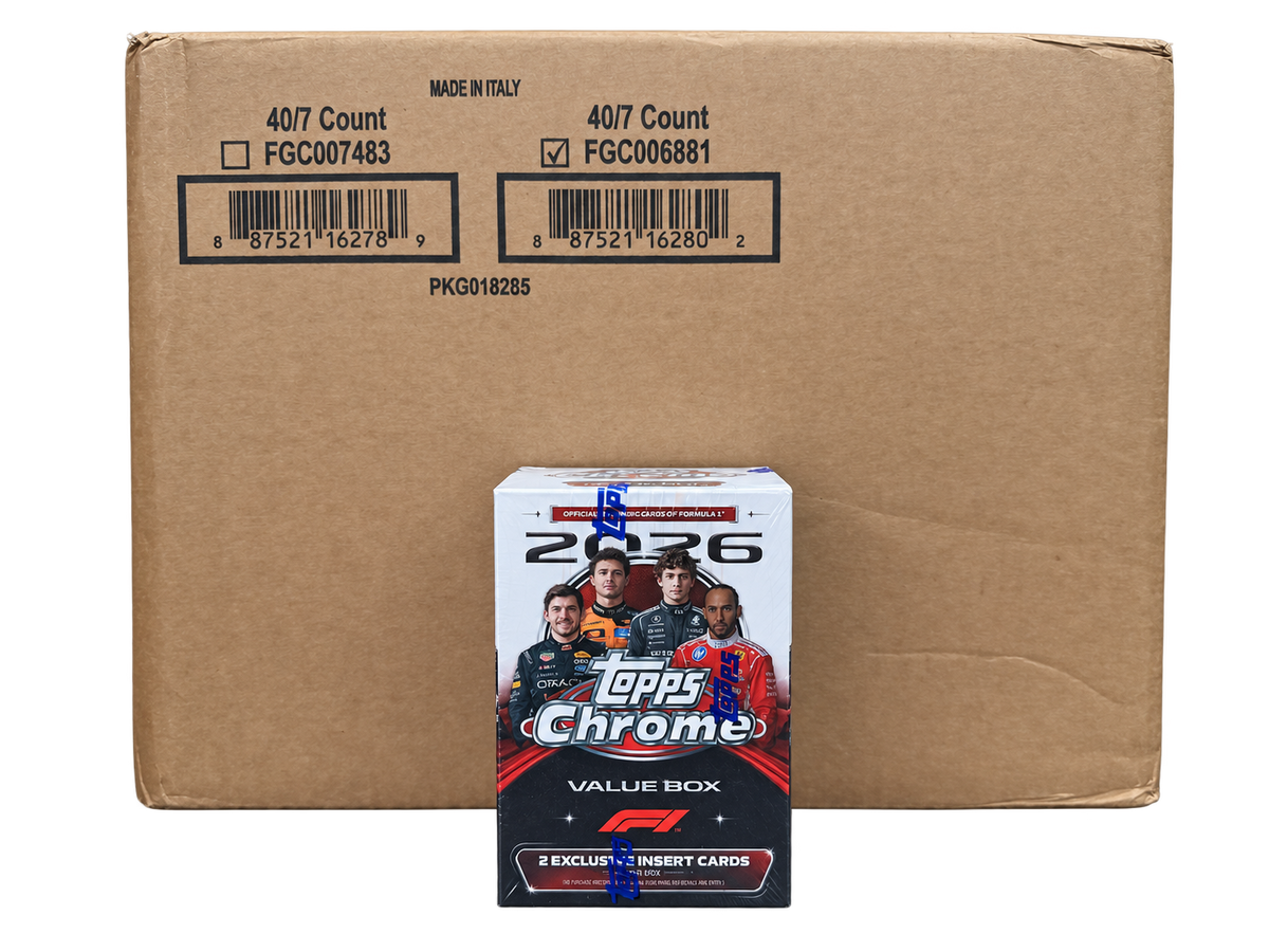 Sealed 2026 Topps Chrome Formula 1 Blaster 40-box case with one value box in front; case UPC 887521162802
