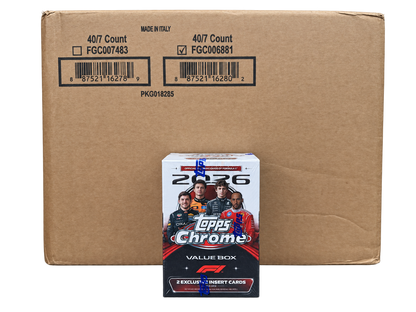 Sealed 2026 Topps Chrome Formula 1 Blaster 40-box case with one value box in front; case UPC 887521162802