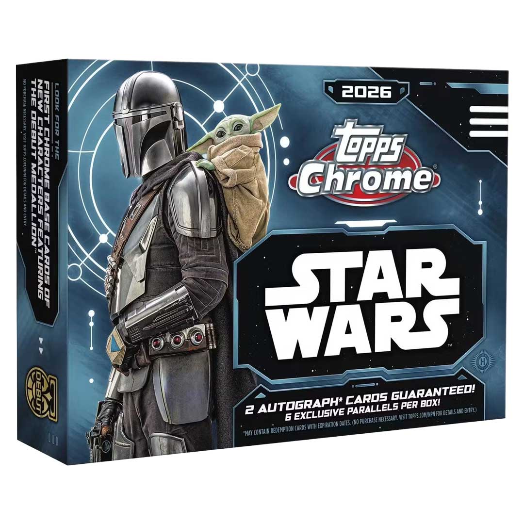 Front of the sealed 2026 Topps Chrome Star Wars Breaker’s Delight box with The Mandalorian and Grogu