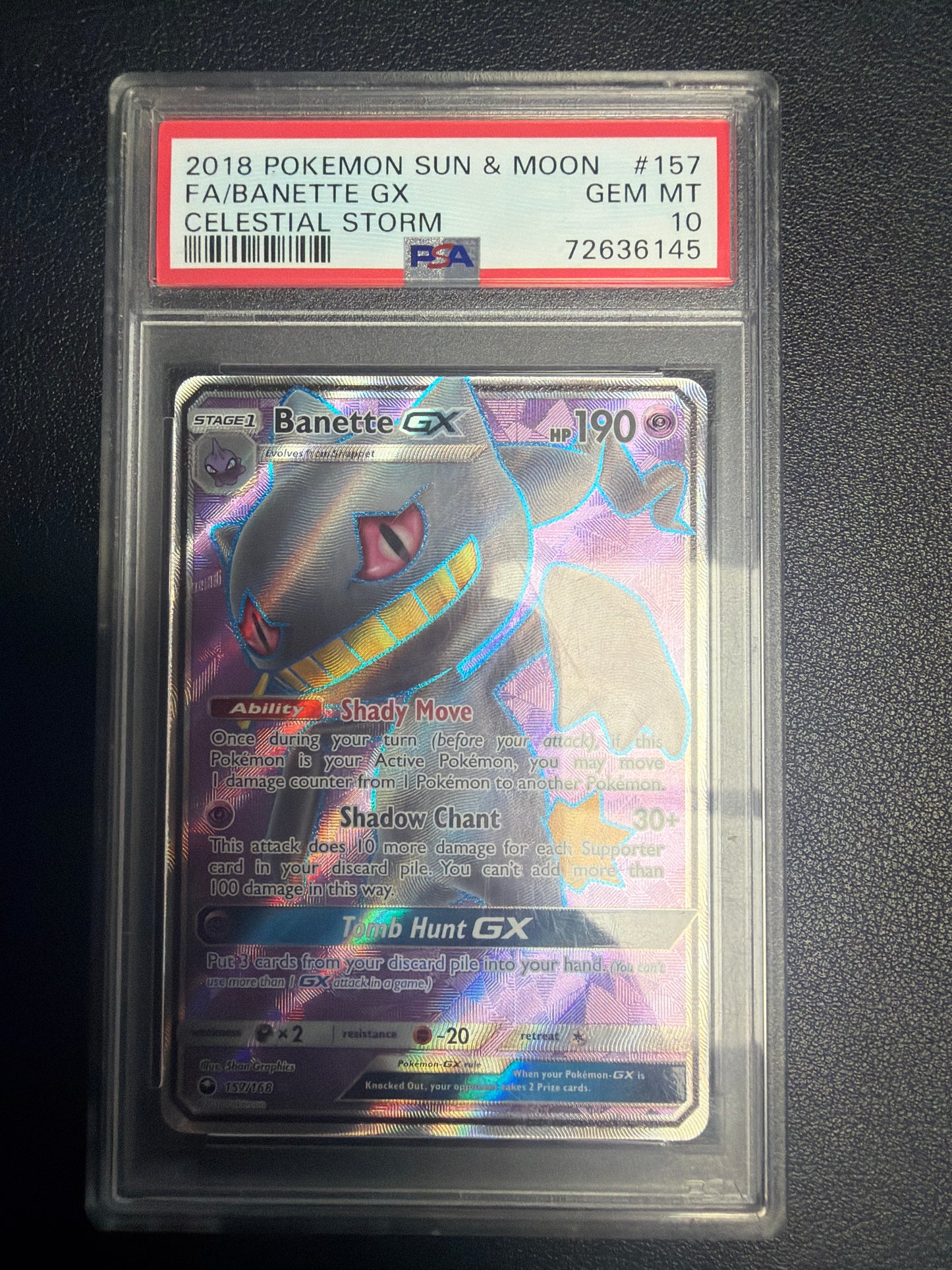 2018 POKEMON SUN & MOON FA/BANETTE GX CELESTIAL STORM #157 PSA GEM MINT 10