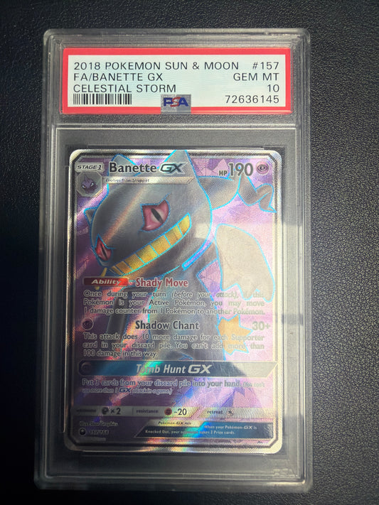 2018 POKEMON SUN & MOON FA/BANETTE GX CELESTIAL STORM #157 PSA GEM MINT 10