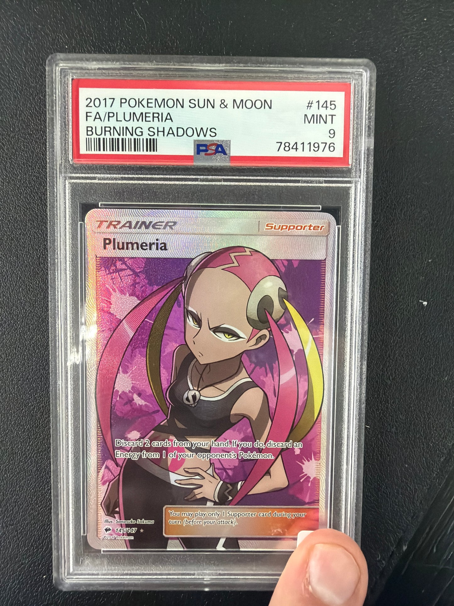 2017 POKEMON SUN & MOON BURNING SHADOWS #145 FA/PLUMERIA BURNING SHADOWS PSA MINT 9