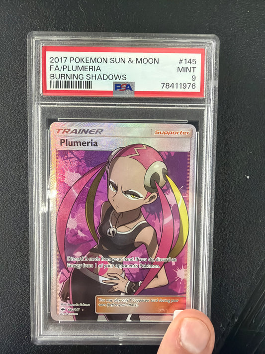 2017 POKEMON SUN & MOON BURNING SHADOWS #145 FA/PLUMERIA BURNING SHADOWS PSA MINT 9