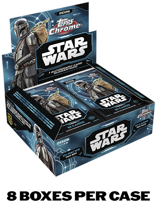Topps official 2026 Chrome Star Wars Hobby case image showing one open Mandalorian and Grogu box with the label 8 boxes per case