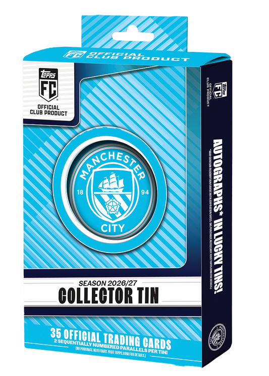 2026-27 Topps Manchester City FC Collector Tin retail packaging with light blue club artwork; one tin shown from the 24-tin case