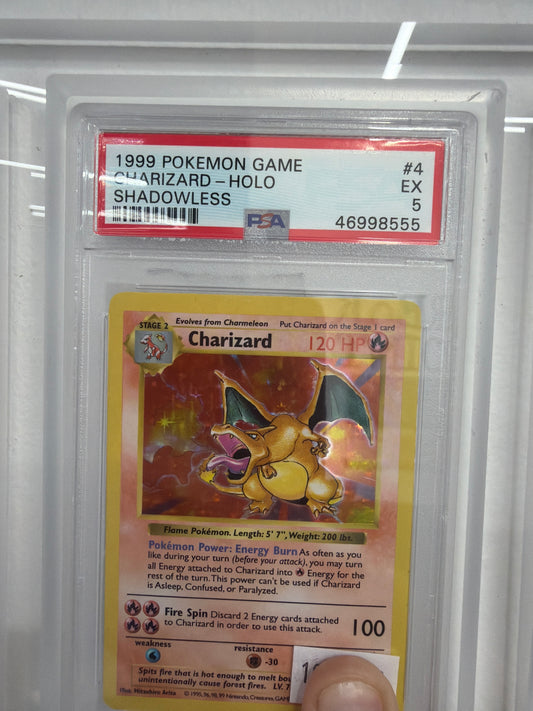 1999 POKEMON GAME CHARIZARD HOLO SHADOWLESS EX #4 PSA 5