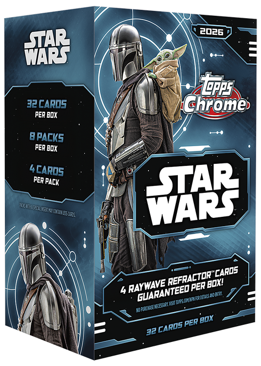 2026 Topps Chrome Star Wars value box with the Mandalorian and Grogu, labeled eight packs and 32 cards; one box shown from the 40-box case
