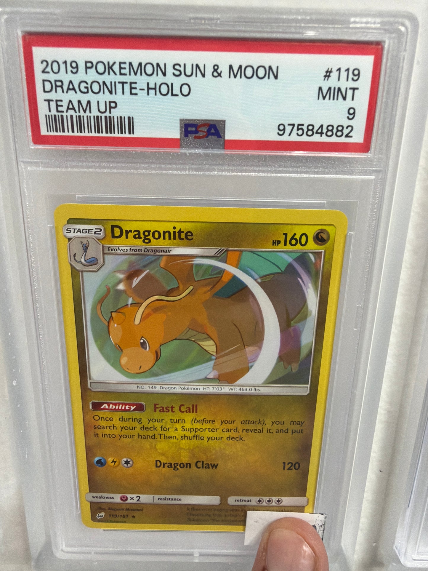 2019 POKEMON SUN & MOON DRAGONITE HOLO TEAM UP #119 PSA MINT 9
