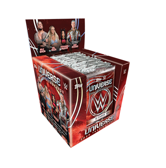 2026 Topps Universe WWE red hobby display box with wrestler artwork and packs; one box shown from the 12-box case