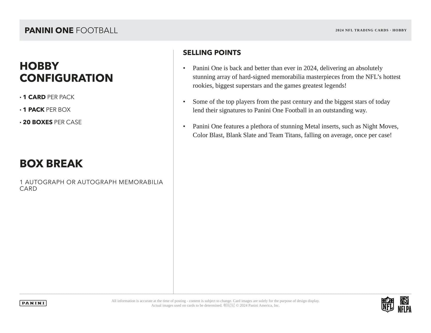 2024 Panini One Football Hobby Box