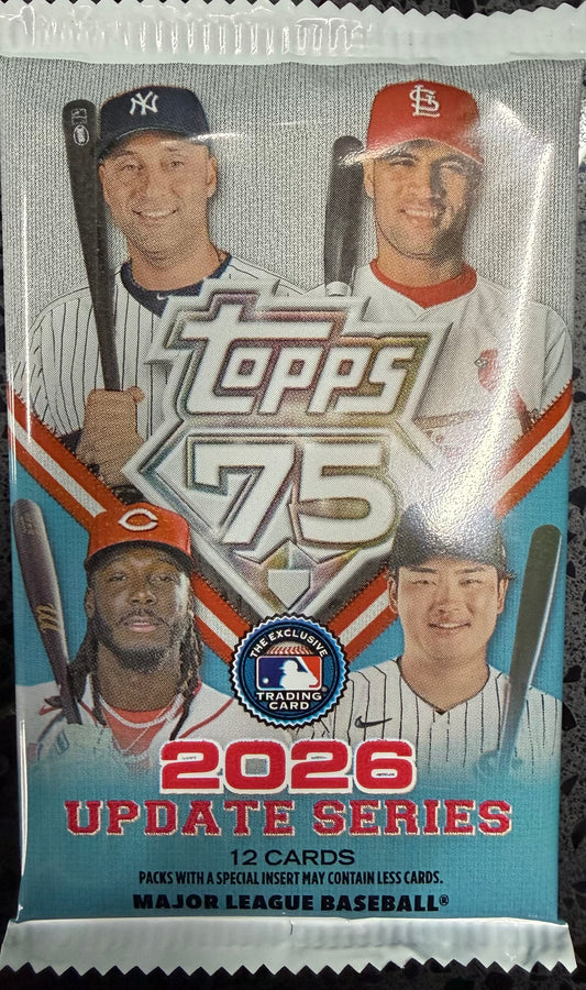 Sealed 2026 Topps Update Series Baseball retail blaster pack, front showing Topps 75th anniversary design and 12 cards