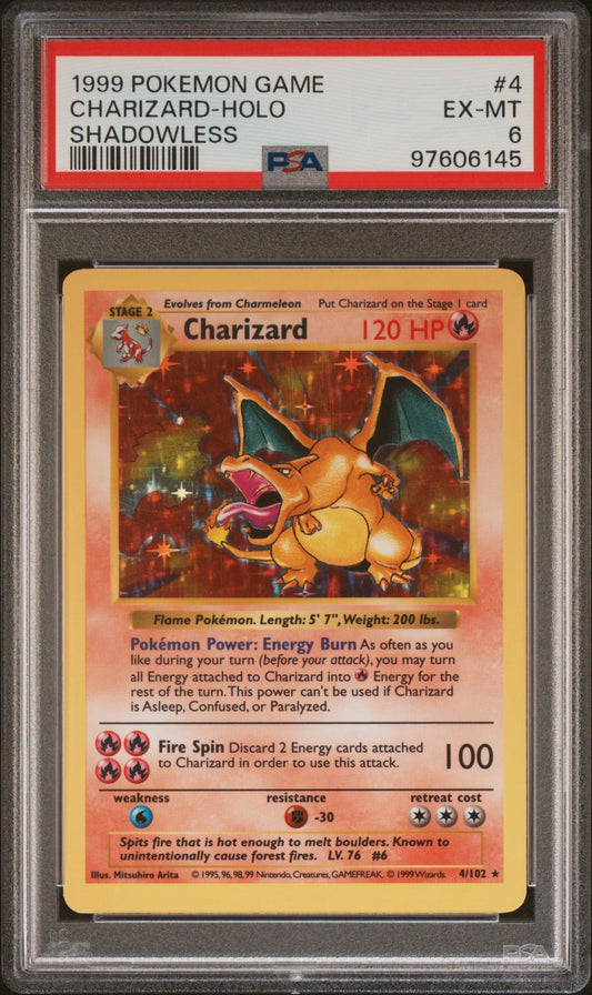 1999 POKEMON GAME CHARIZARD HOLO SHADOWLESS #4 PSA MINT 6