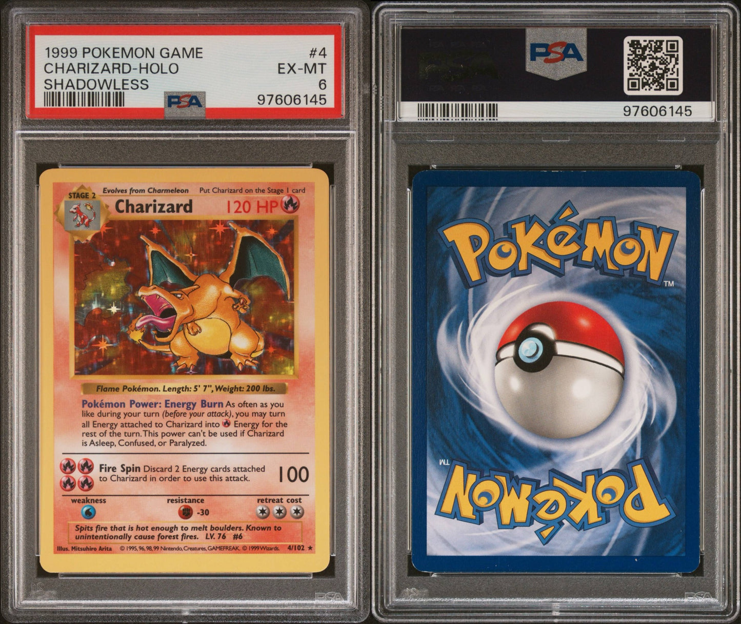1999 POKEMON GAME CHARIZARD HOLO SHADOWLESS #4 PSA MINT 6