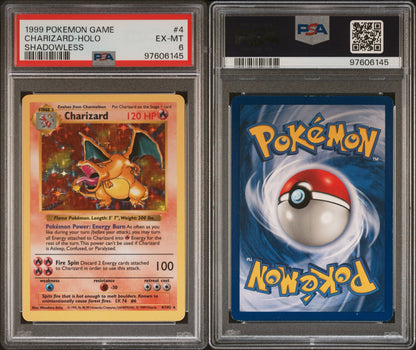 1999 POKEMON GAME CHARIZARD HOLO SHADOWLESS #4 PSA MINT 6
