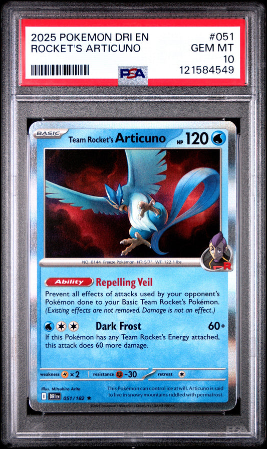 2025 POKEMON DRI EN TEAM ROCKET ARTICUNO #051 GEM MINT 10