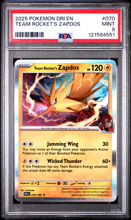 2025 POKEMON DRI EN-DESTINED RIVALS #070 TEAM ROCKET'S ZAPDOS PSA MINT 9