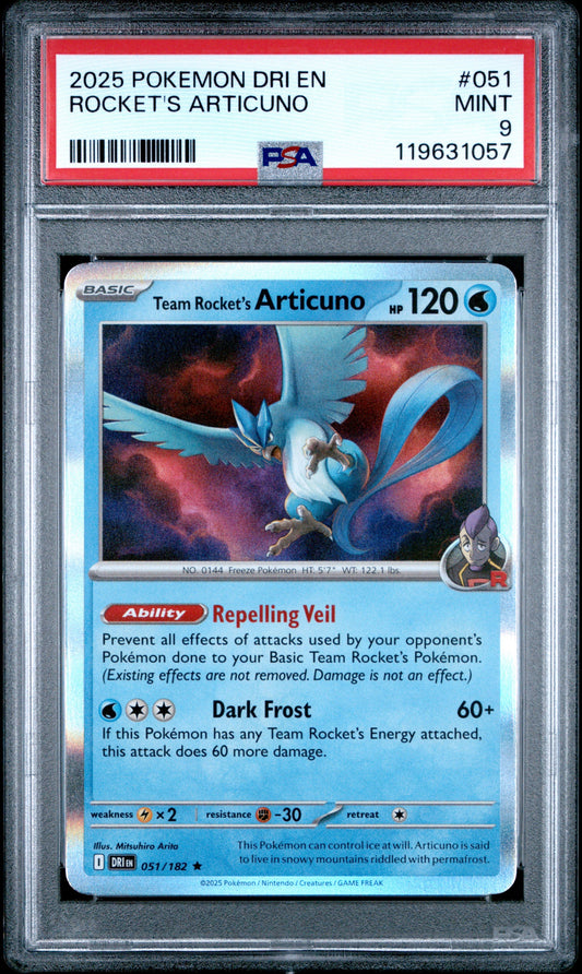 2025 POKEMON DRI EN-DESTINED RIVALS #051 ROCKET'S ARTICUNO PSA MINT 9