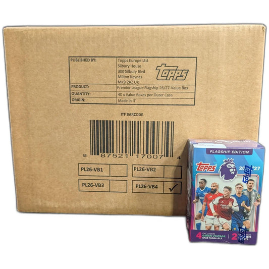 2026-27 Topps Premier League Flagship Value 40-box case carton labeled 40 Value Boxes, with a sealed retail box pictured in front