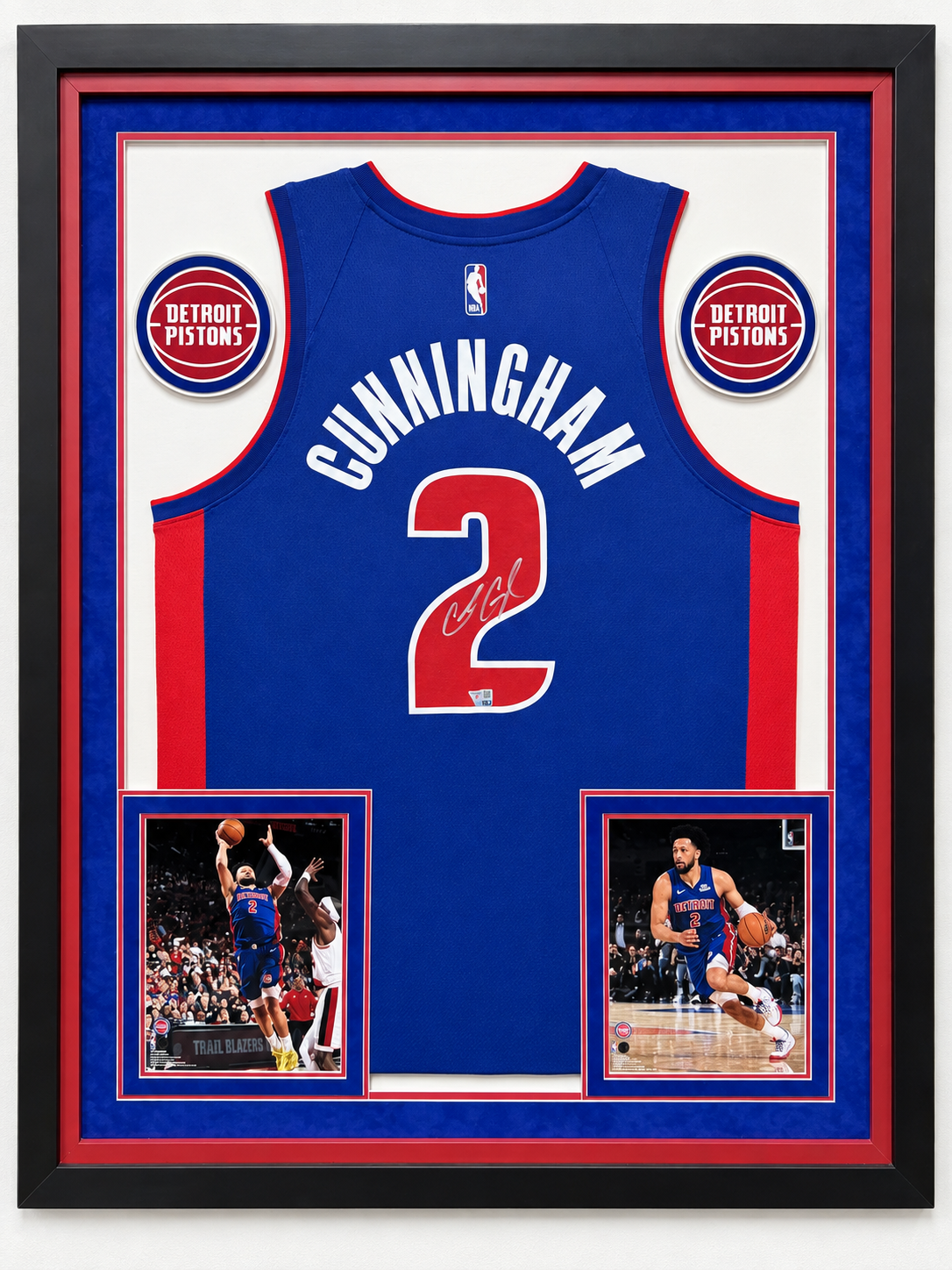Cade Cunningham signed Detroit Pistons blue No. 2 jersey in the framed display offered by Break Point Cards