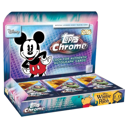 2026 Topps Chrome Disney Hobby Box shown open with card packs and Mickey Mouse box art