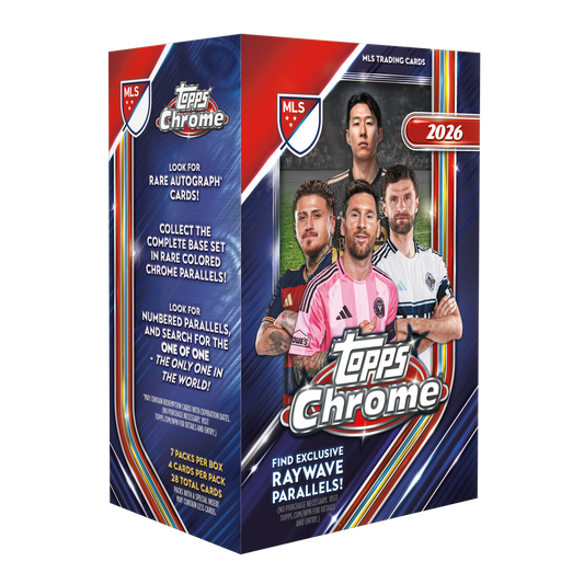 2026 Topps Chrome MLS value box with player artwork, labeled seven packs and 28 cards; one box shown from the 40-box case