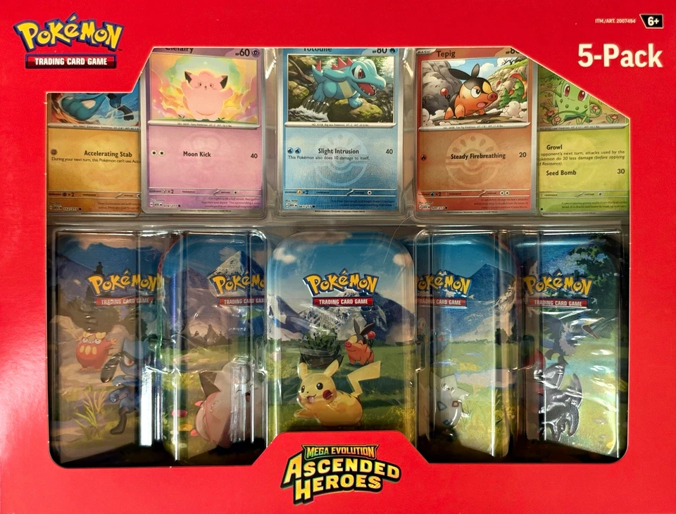 Pokémon TCG Mega Evolution: Ascended Heroes Mini Tins 5-Pack in red packaging with five collectible tins and five foil cards