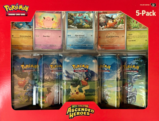 Pokémon TCG Mega Evolution: Ascended Heroes Mini Tins 5-Pack in red packaging with five collectible tins and five foil cards