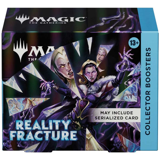 Magic: The Gathering Reality Fracture Collector Booster display box with purple character artwork, mirror-shard design, and blue side panel