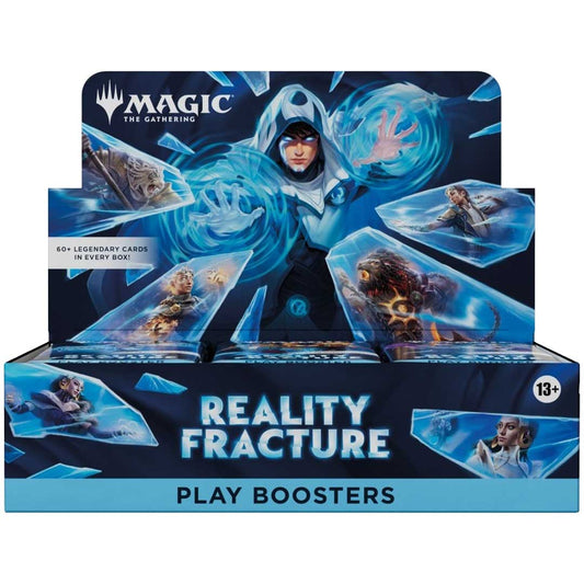 Blue Magic: The Gathering Reality Fracture Play Booster display box with hooded character artwork