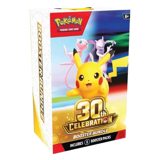 Pokémon TCG 30th Celebration Booster Bundle with Pikachu, Mew, and Mewtwo artwork; box includes six booster packs
